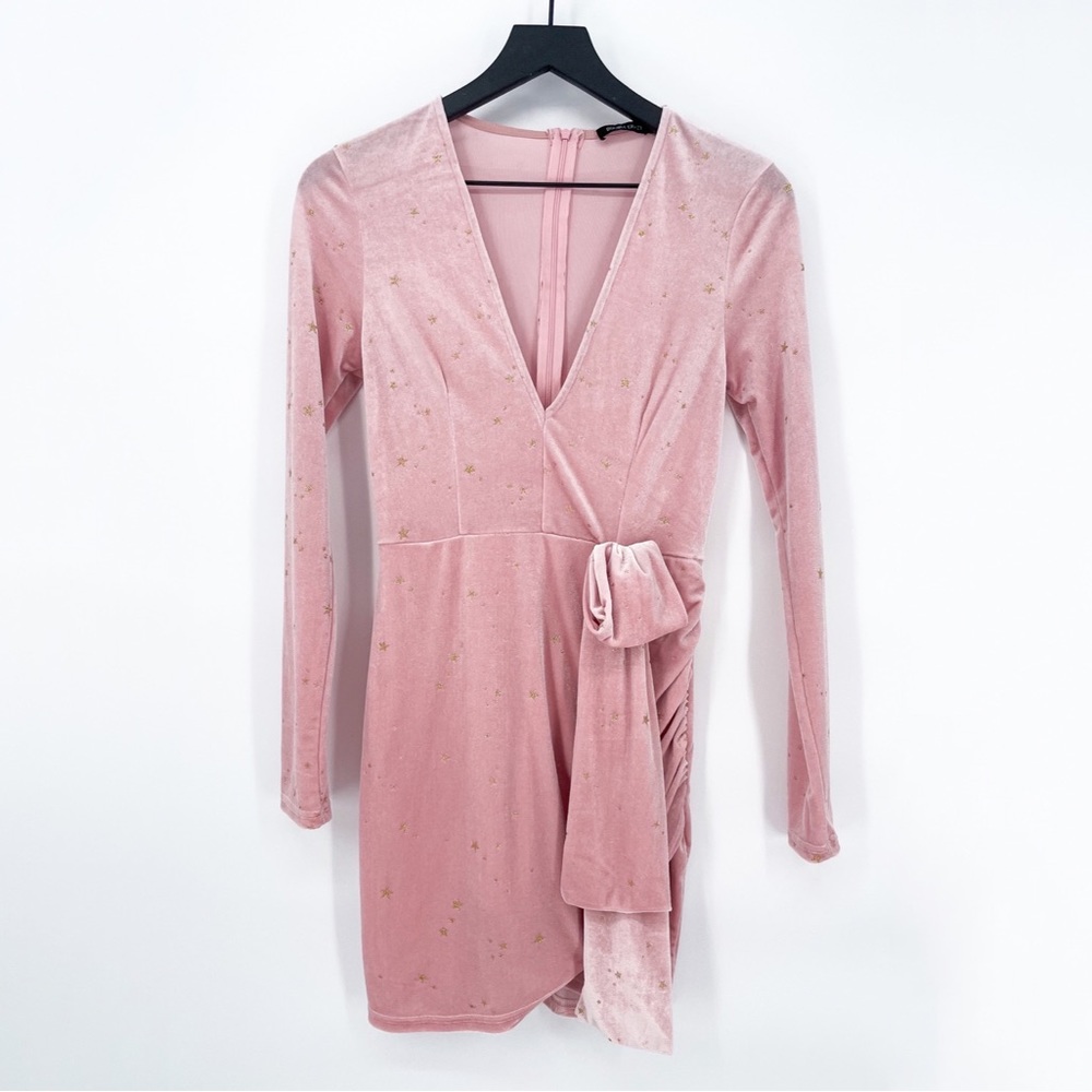 Double Crazy Velvet Star Print Barbiecore Mini Dress Pink Gold Small